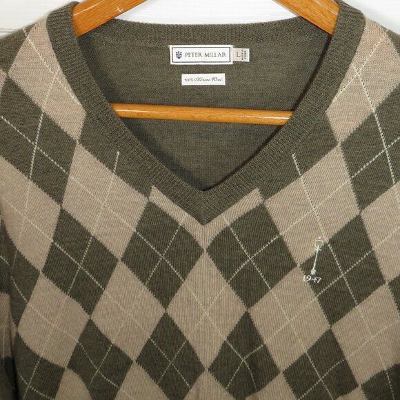 Peter Millar 100% Merino Wool Argyle V-Neck Sweater Men's LG Carmel CC Lamp Post - Picture 3 of 5